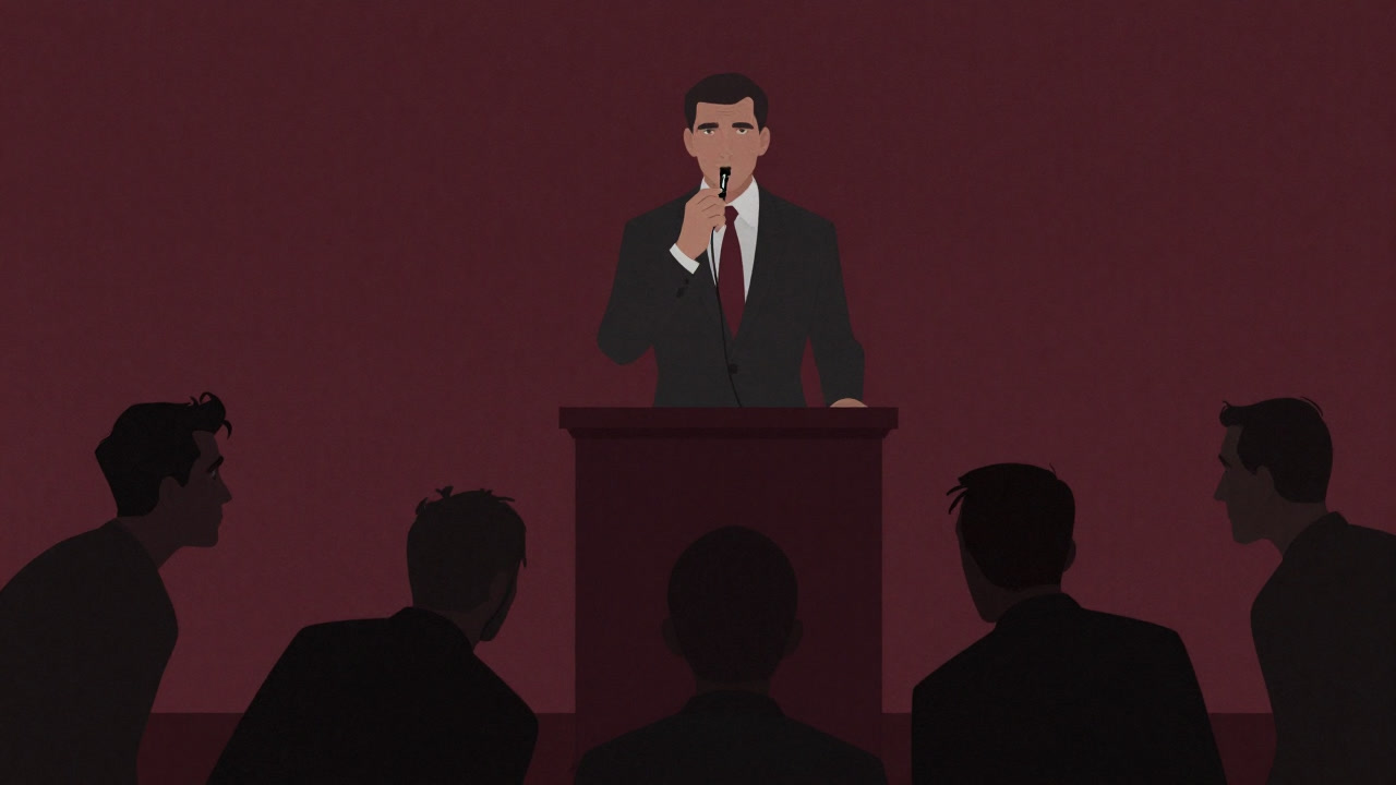 Silhouettes of a crowd drawn to an unlabeled slender whistle held by a smiling politician
