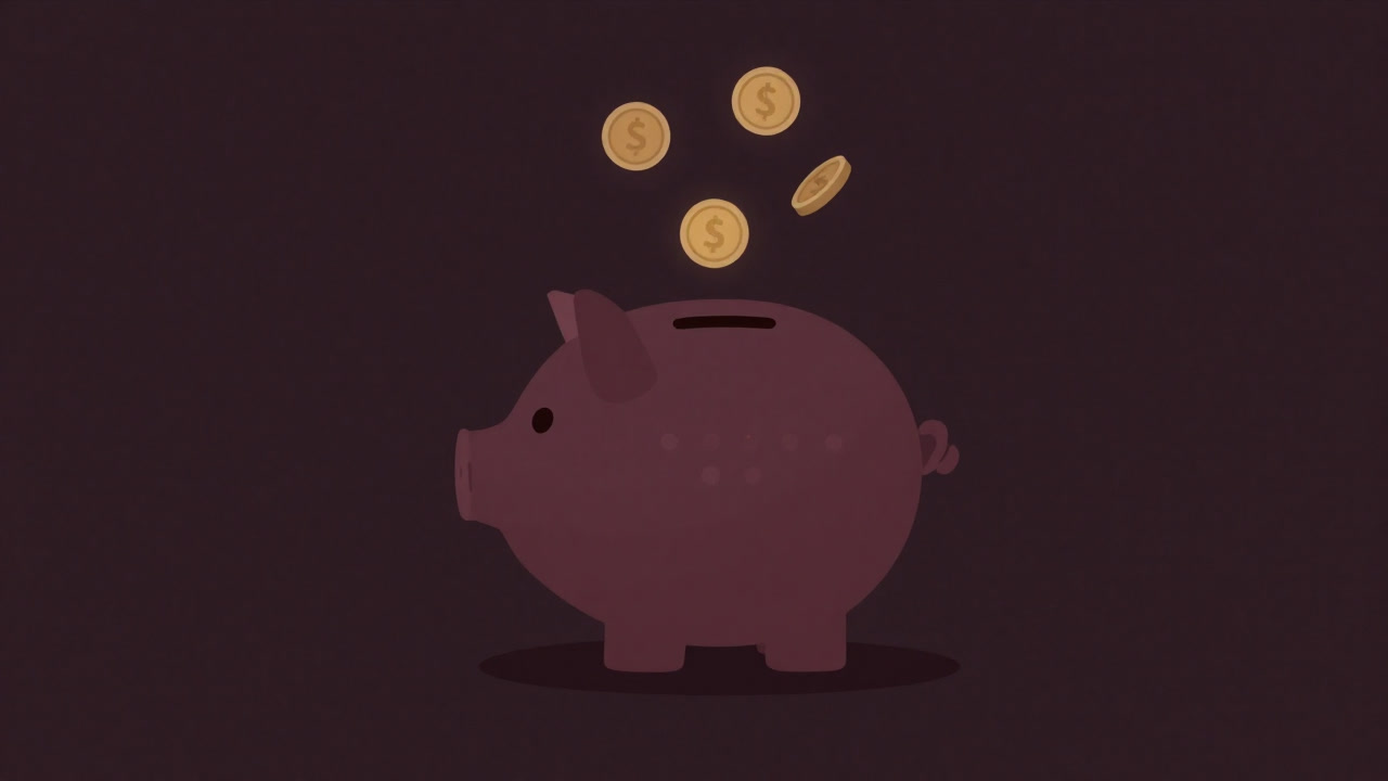 Illustration of an impassive piggy bank-like investment account into which coins are periodically dropped but shows no reaction.