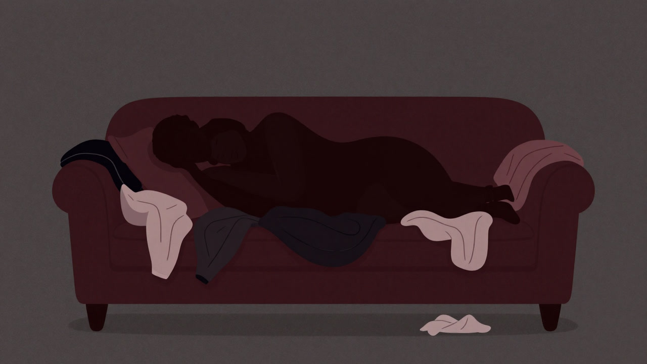 ソファで一緒にうたた寝しながら、散らかった洗濯物に埋もれるカップルのシルエット