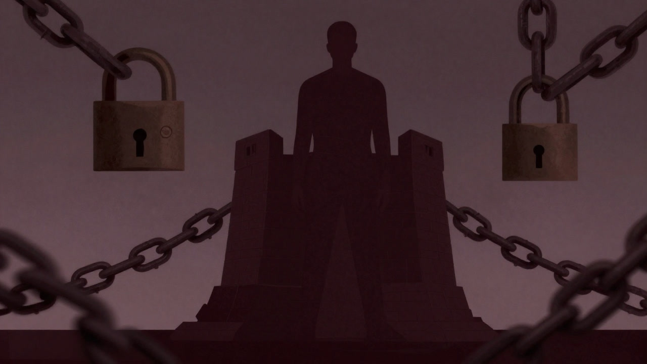 Illustration of a human silhouette towering like a fortress, surrounded by unique chains and keys