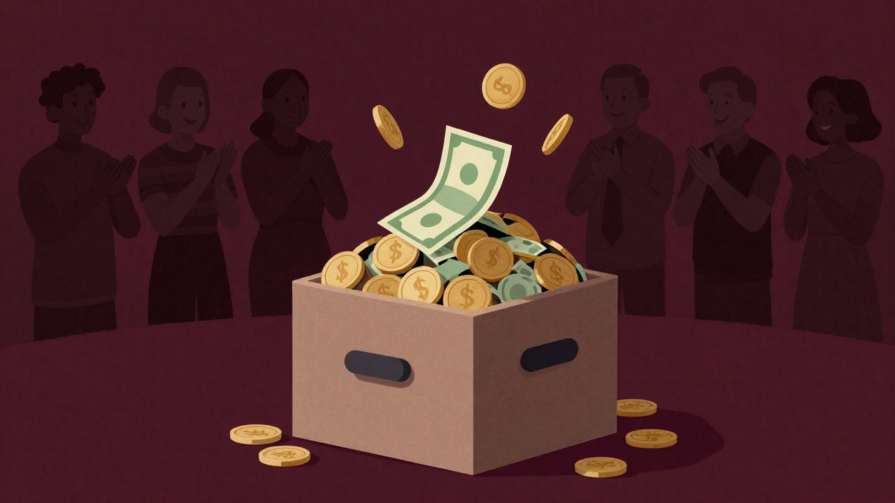 Illustration of a donation box surrounded by a mountain of offerings, with people’s shadows smiling in the background