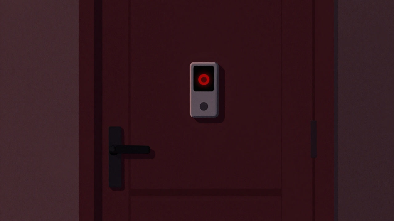 A doorbell camera installed at a doorstep, its lens glowing red in the dark as it watches over the homeowner.