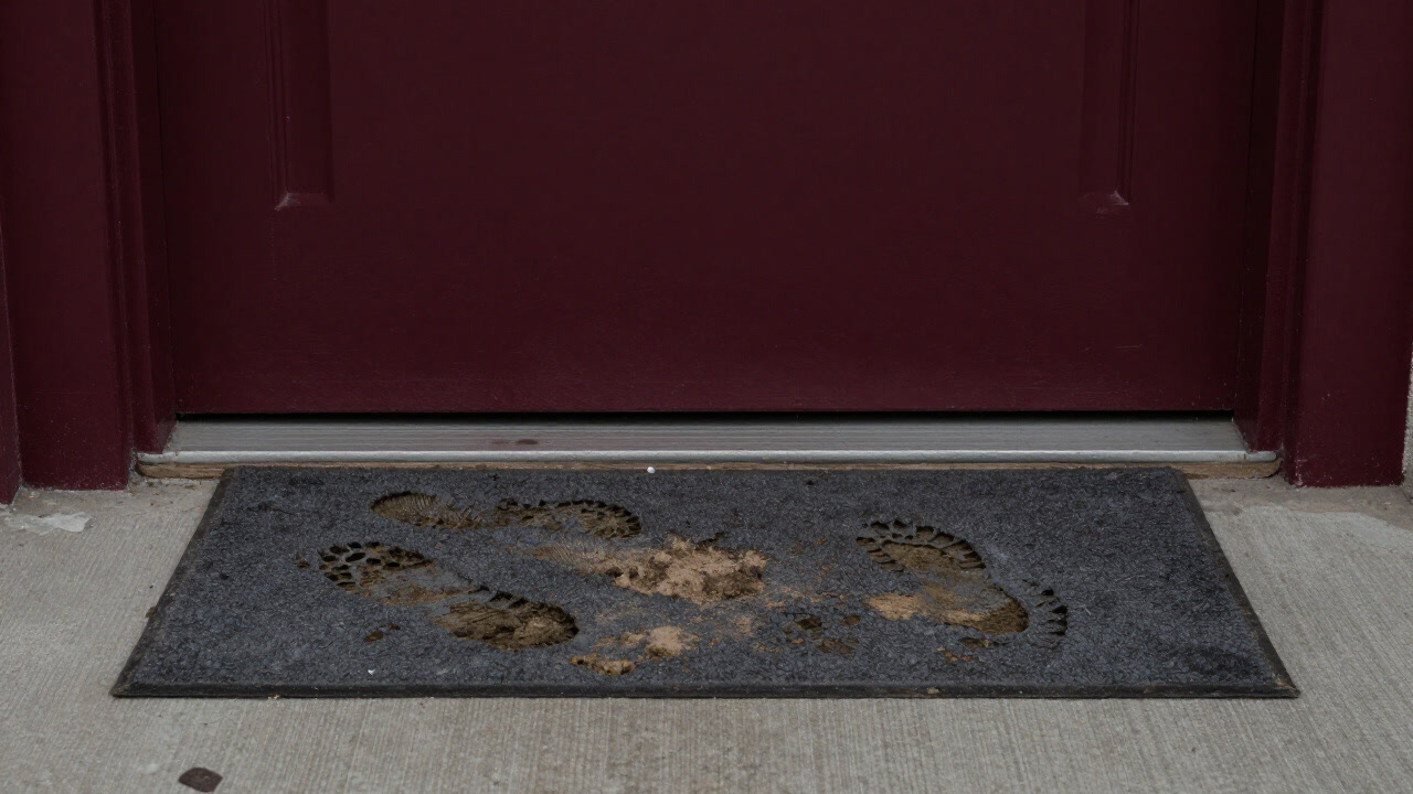 Photo of a doormat worn and covered in dirt and dust, serving as a home's humble guard at the entrance.