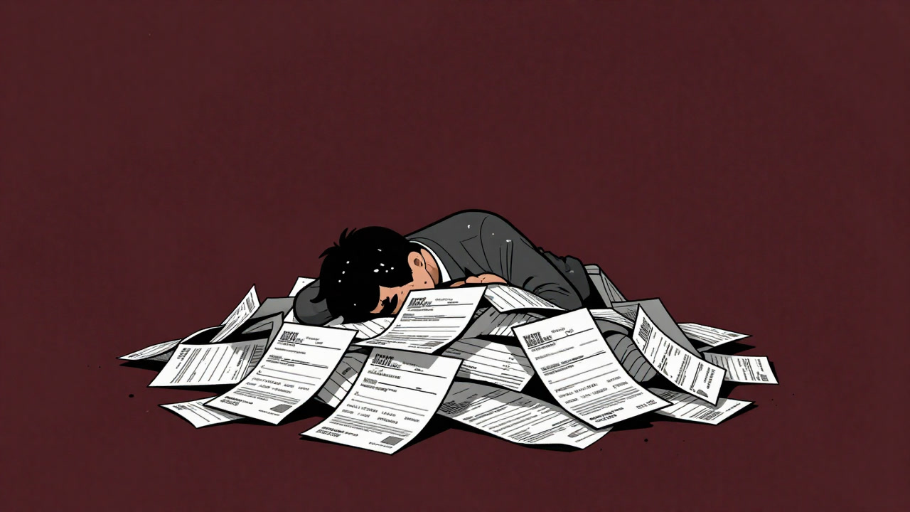 Illustration of a taxpayer being crushed by stacked tax bills