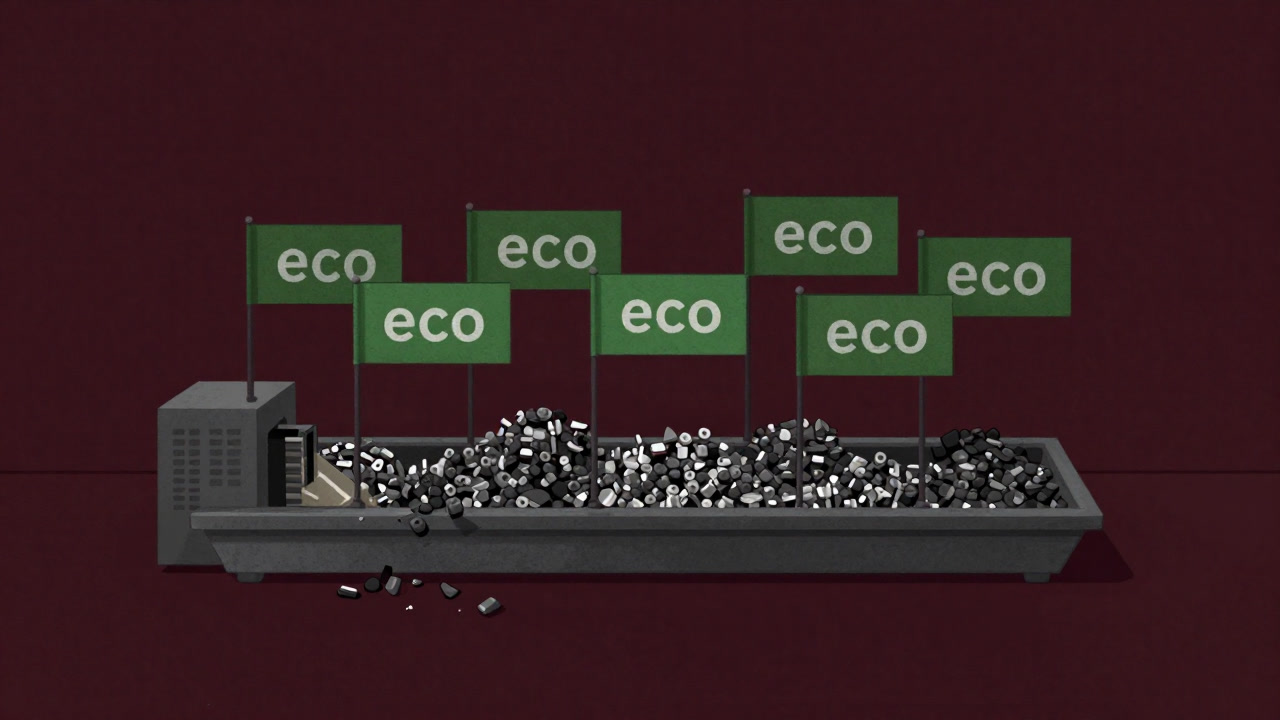 色あせたプラスチック片を集めて粗末なビーズを作る工場のイラスト