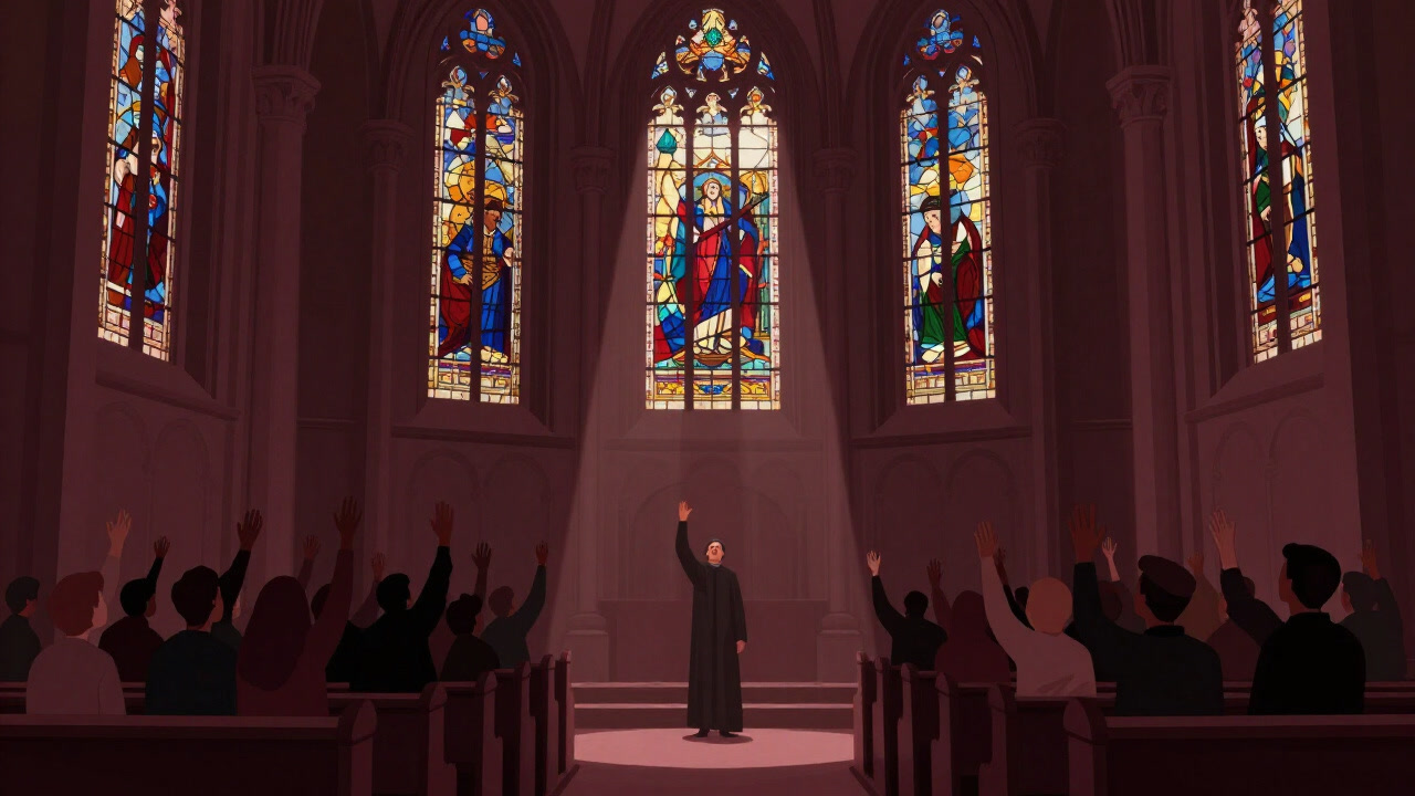 Illustration of worshipers in a grand cathedral erupting into loud song of praise