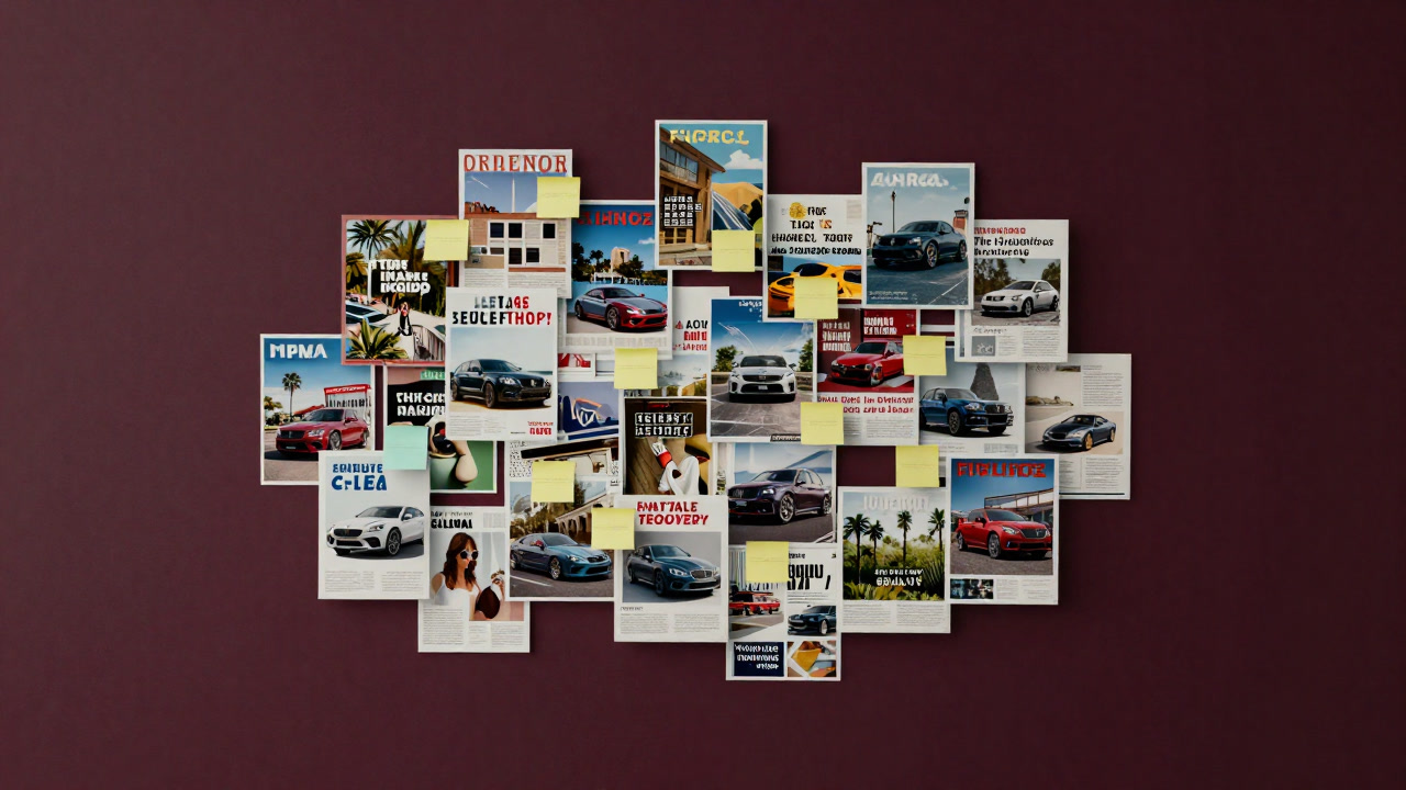 A wall covered in colorful cutouts and sticky notes, a dream board cluttered with aspirations and escapism.