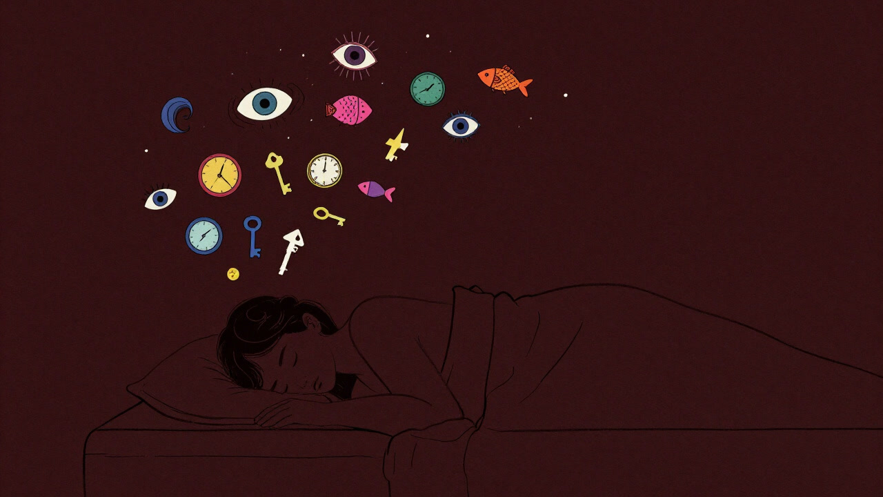 無数の象徴が頭上で渦巻き、眠る人物を覗き込むように浮かぶイラスト