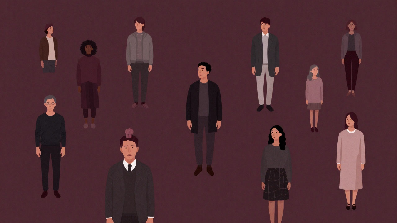 複数の人が同じ光景の夢を共有し、混乱した顔で見つめ合うシーンのイラスト