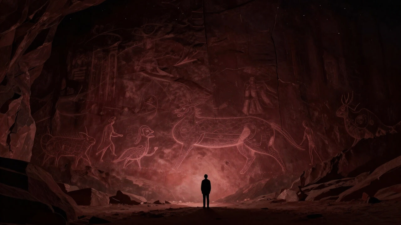 Silhouette of a figure standing before rock art glowing under a night sky.