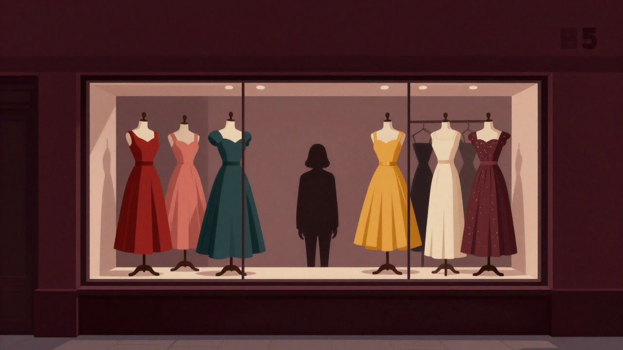 ショーウィンドウに並べられた色とりどりのドレスたちと、その陰で呆然と待つ人間のシルエット