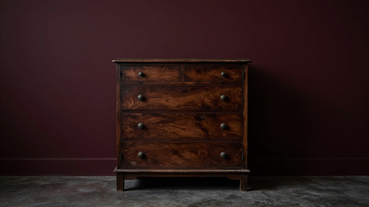 薄暗い部屋で埃をかぶった古い木製のたんすが佇む画像