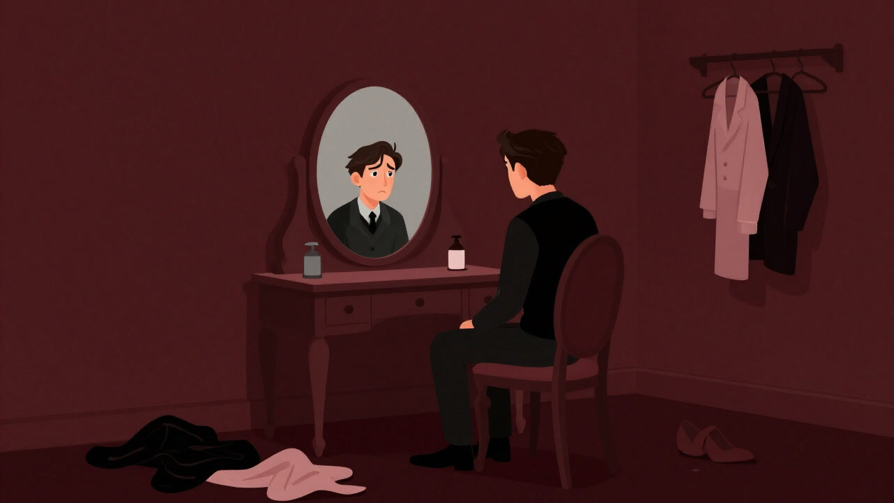 In a dimly lit theatre dressing room, a worn-out actor sits before a cluttered mirror, eyes wide with anxiety.