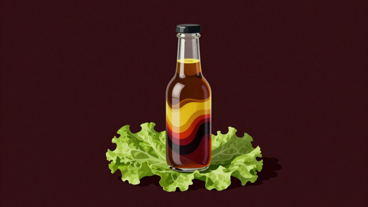 脂と酸の混合物が艶めいた色で揺れる小瓶が、サラダの上で存在感を主張している画像