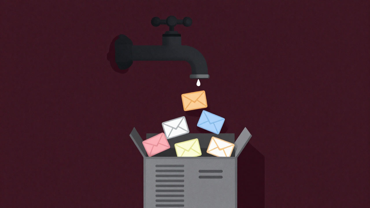 Illustration of a faucet dripping email icons, filling up an inbox