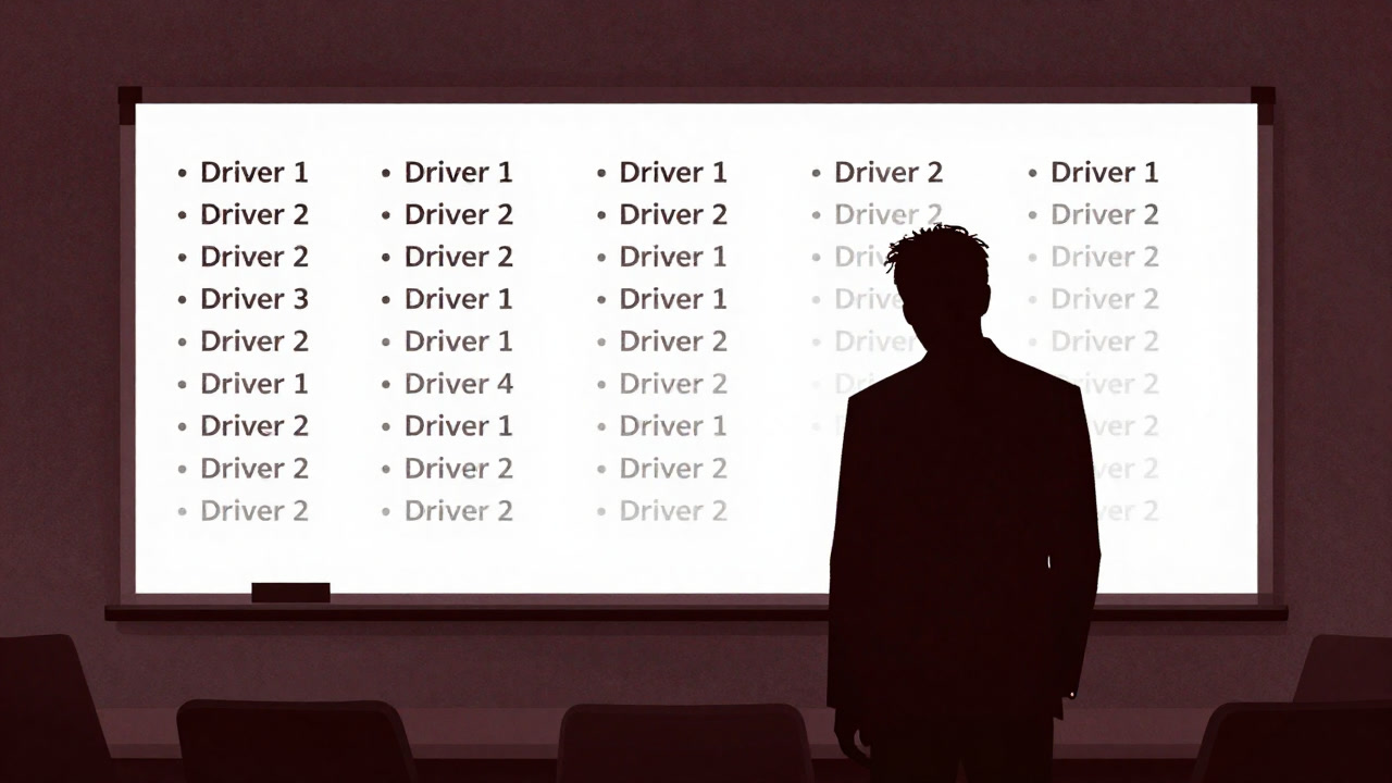 会議室のホワイトボードに無数の“ドライバー”を書き連ね、疲れ果てた表情で立ち尽くす管理者のシルエット