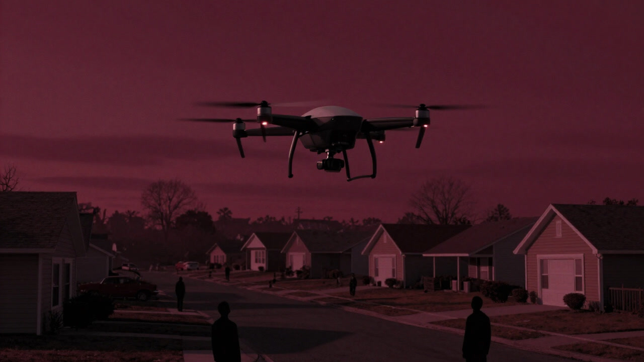 A drone hovering quietly against a cloudy sky, its propellers spinning, with silhouettes of people looking up beneath it
