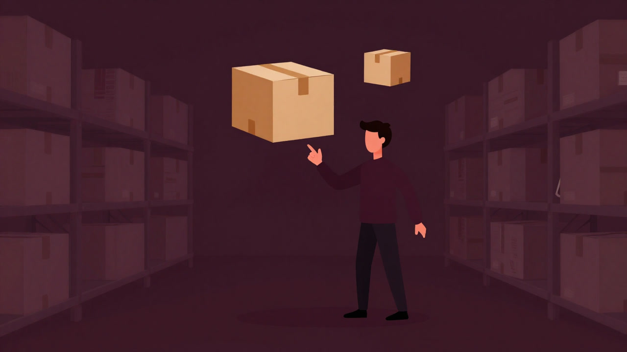 A comical illustration of a dropshipping entrepreneur controlling floating cardboard boxes with a fingertip.
