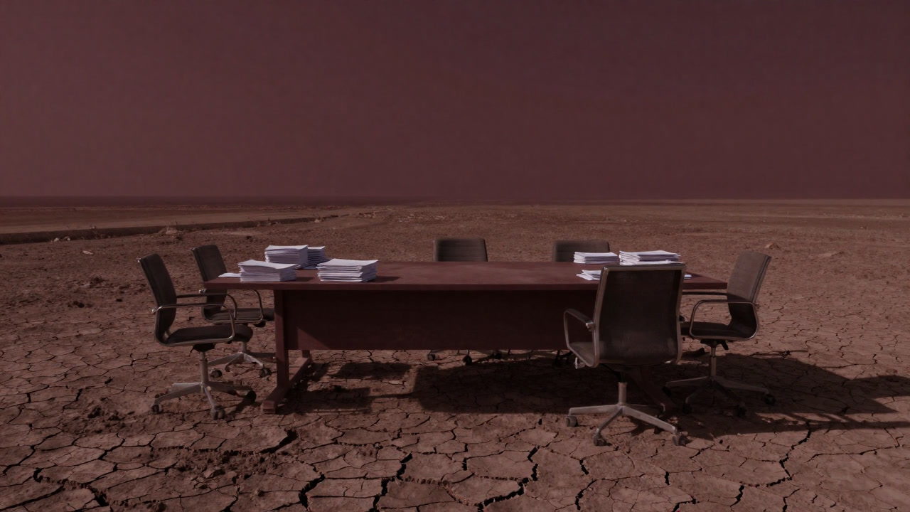 カラカラに乾いた土地を背景に、無機質な会議テーブルと資料の山が置かれた風景