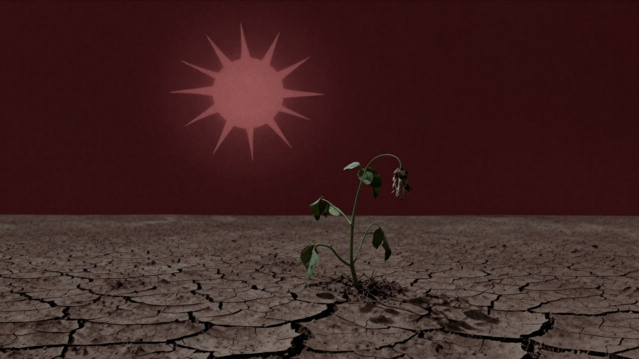 ひび割れた大地の上にぽつんと立つ、うなだれた植物のイラスト