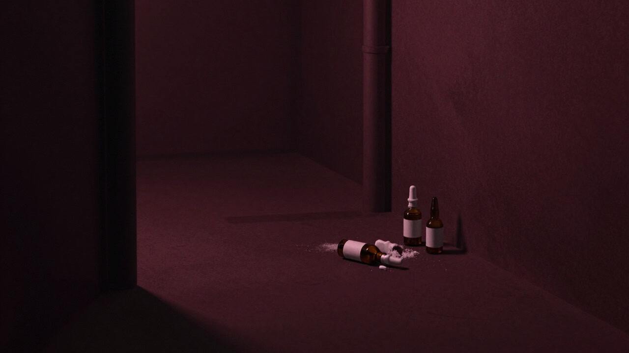 A dimly lit alley with scattered drug vials casting red shadows on the ground