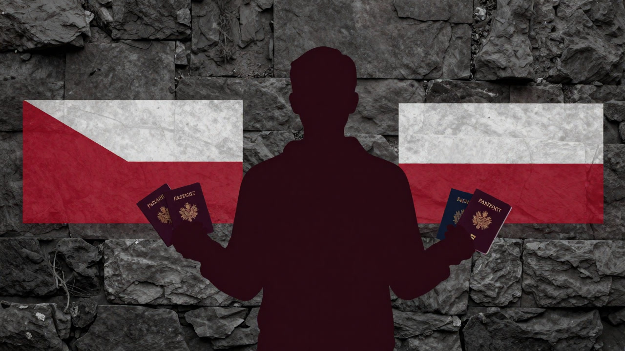 複数のパスポートを手に持ち、どこにも帰属できないような人物のシルエット