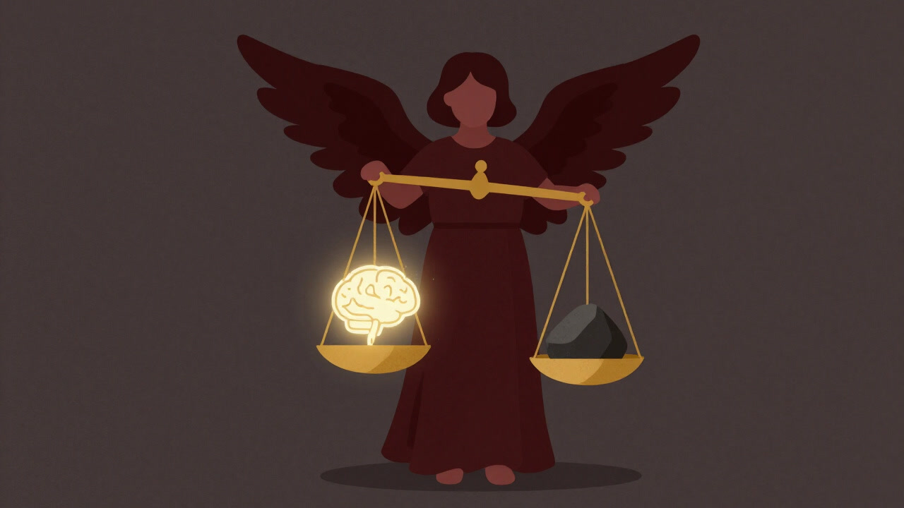 天秤で精神と物質を量る天使の像