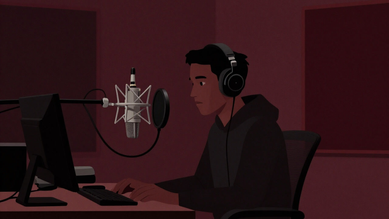 In a dim studio, a dubbing engineer sits before a microphone, tracing the trajectory of another’s voice.