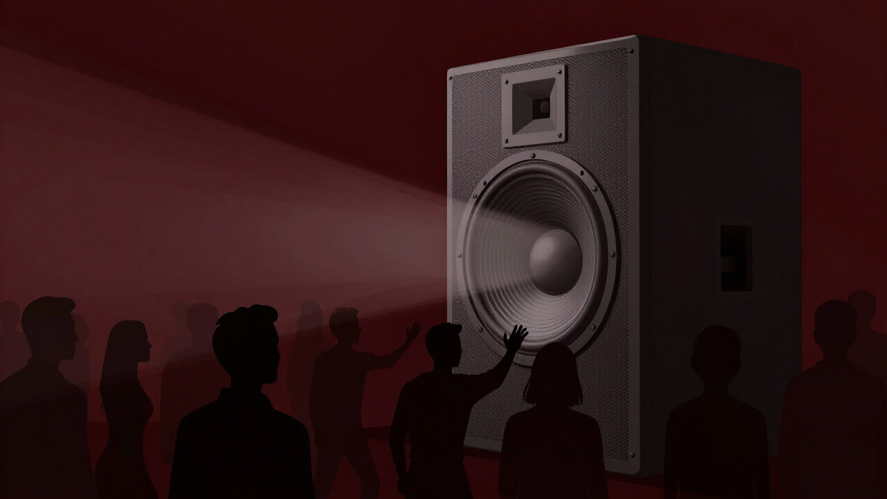 Image of silhouettes crushed by a violently vibrating subwoofer in a dark club