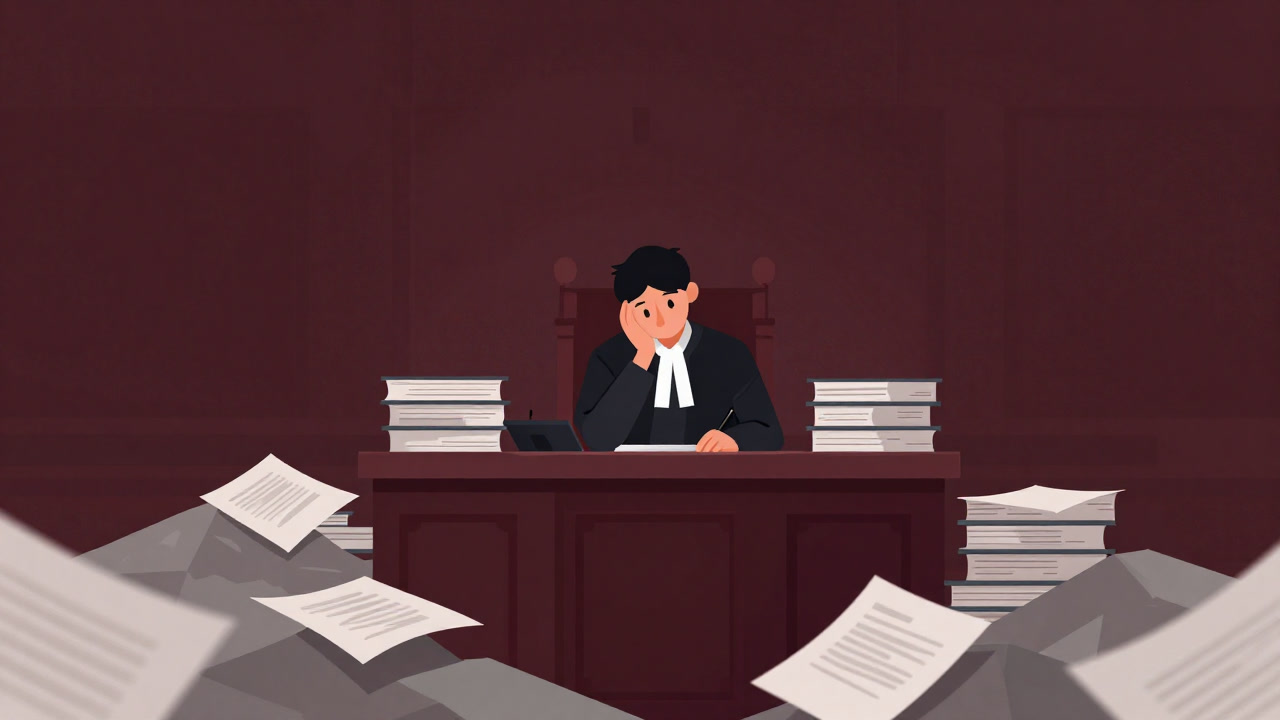 Illustration of a judge buried under piles of paperwork in a courtroom, staring wearily at documents.