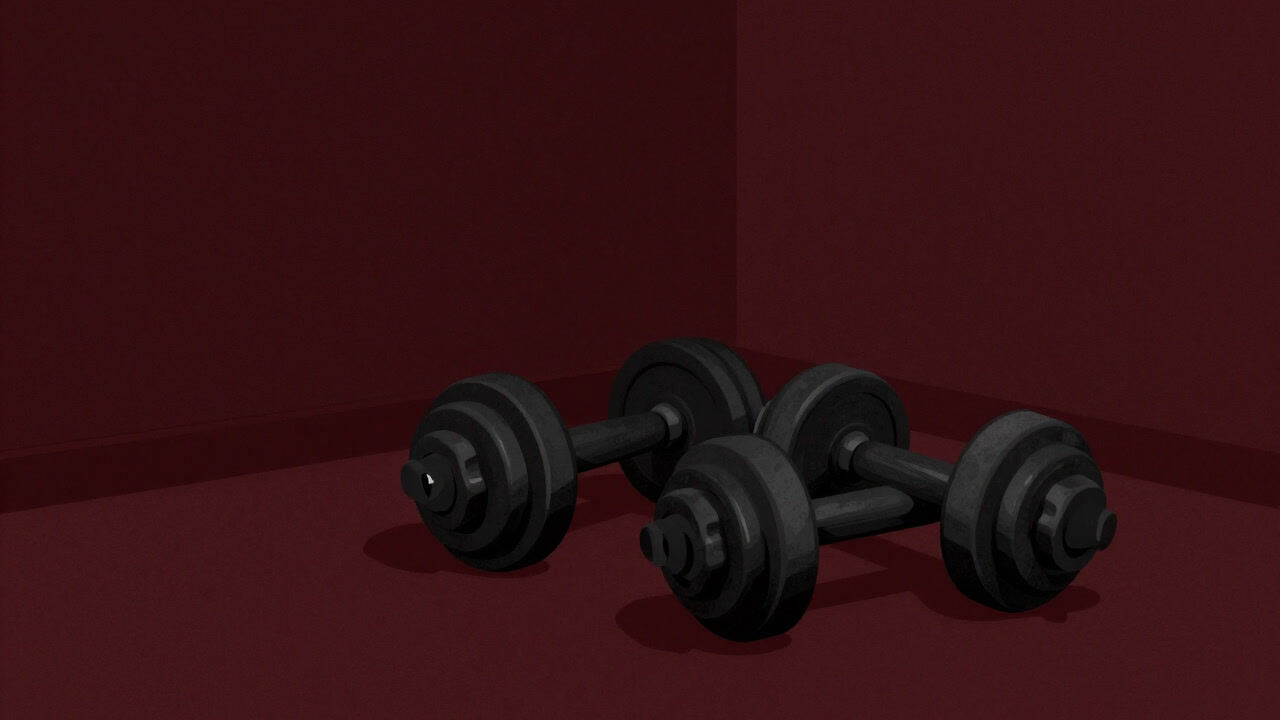 A dusty dumbbell lying in the corner of a dark room, casting a long shadow on the floor