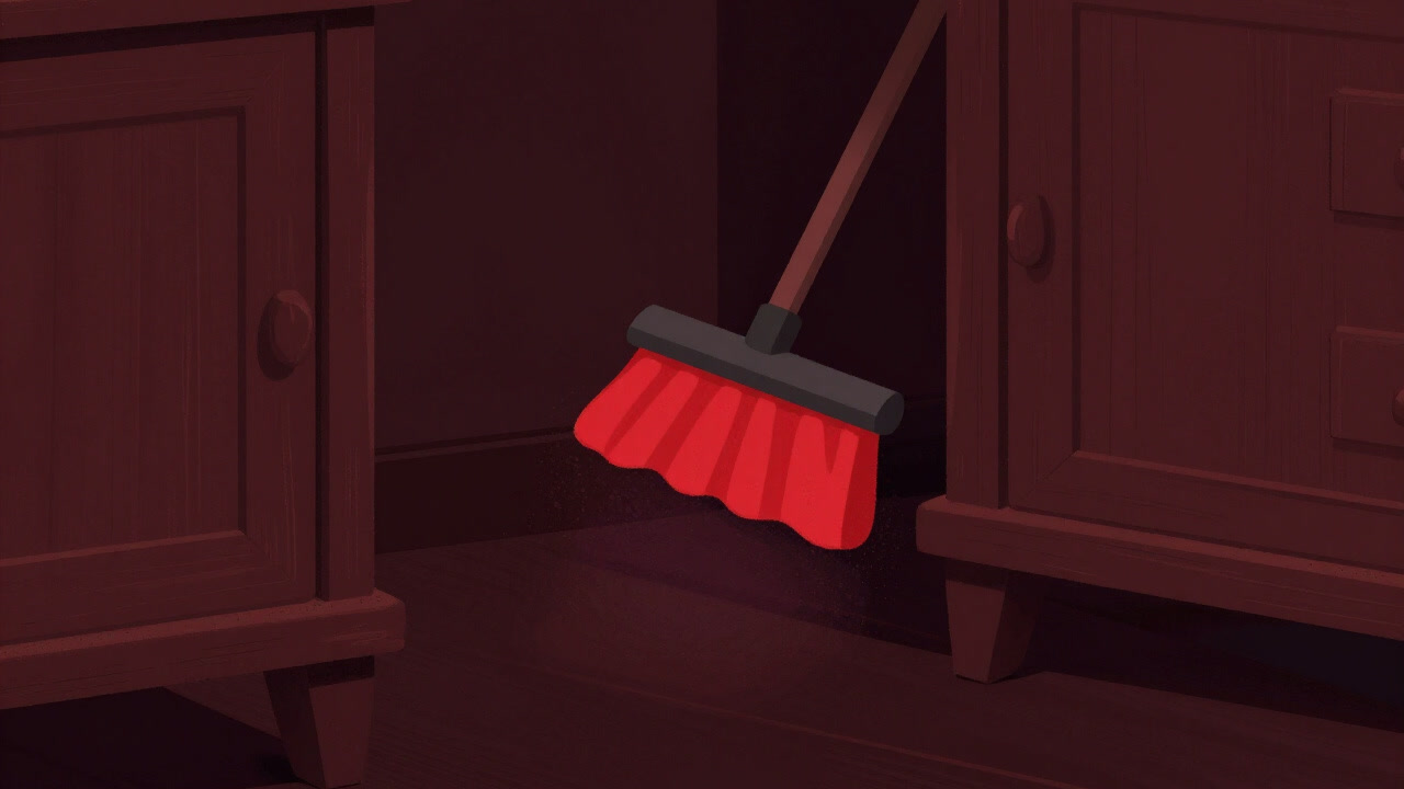 An image of a red cloth obsessively sweeping dust from a gap between furniture