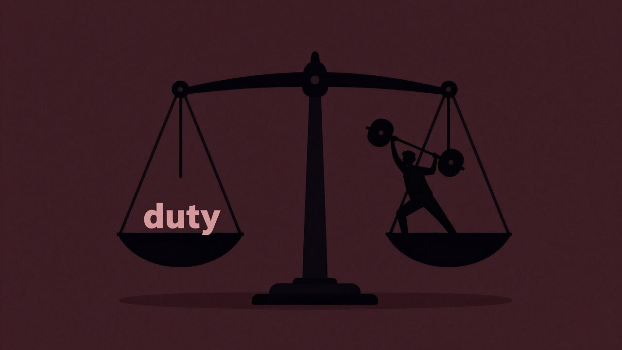 巨大な天秤の片方に書かれた「義務」という文字に無理やり重りを載せ続ける人物のシルエット