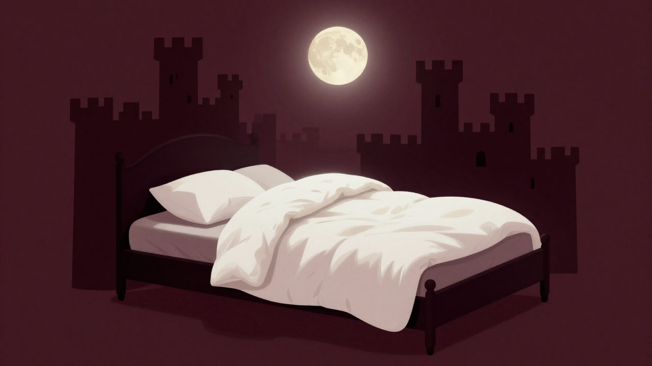 A fluffy duvet casually spread over a bed, resembling the ramparts of a sleep castle.
