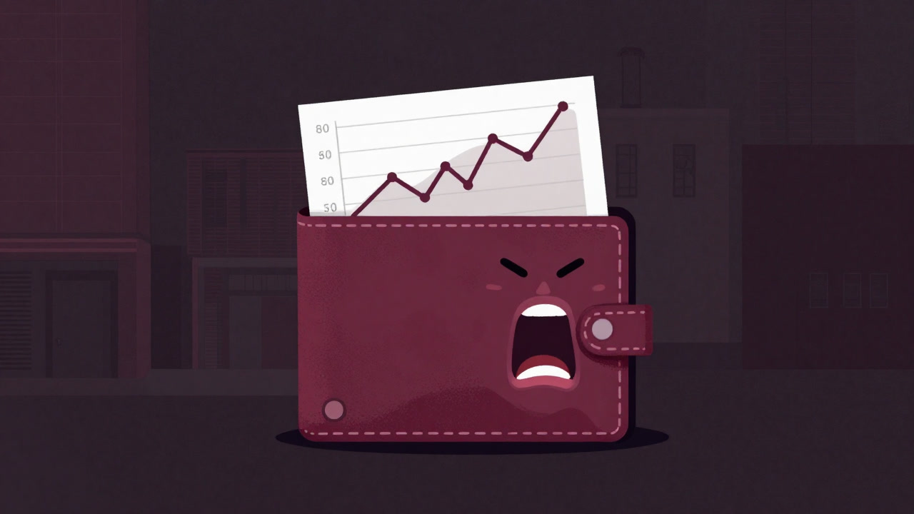Illustration of a wallet screaming while carrying a fluctuating price chart on its back