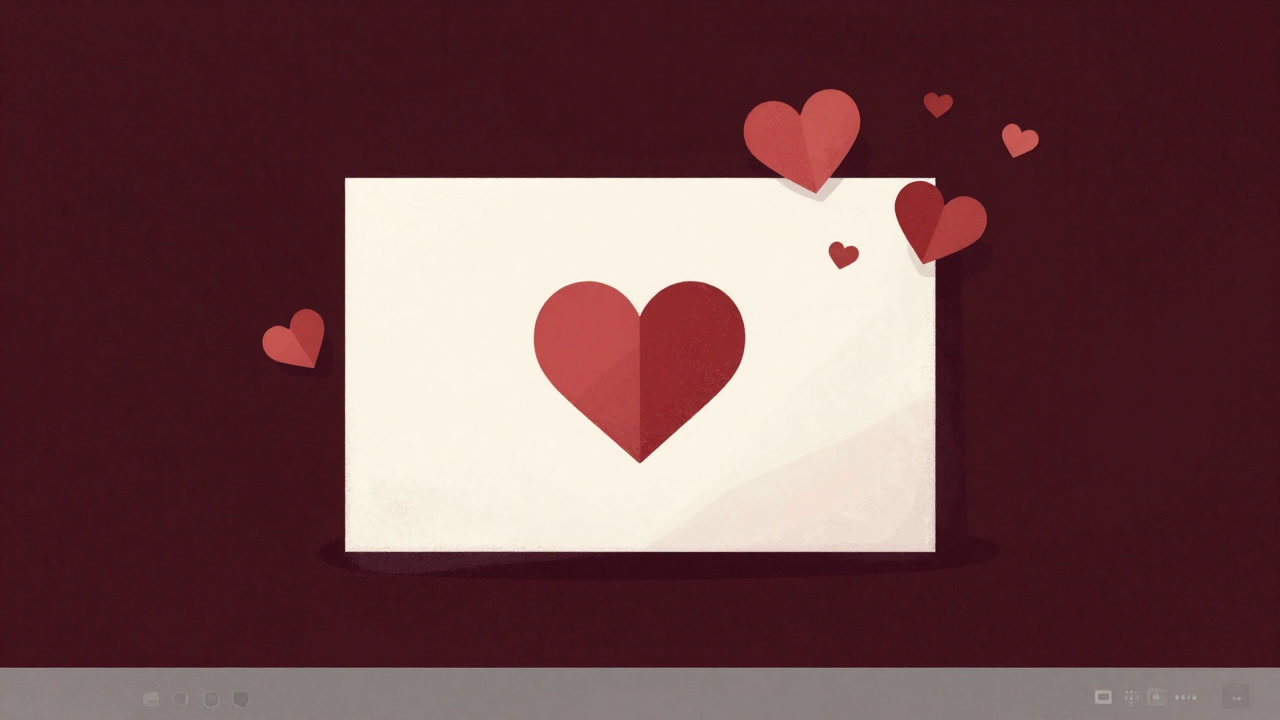 デジタル画面上で飛び交うハートマークに埋もれ、存在感を失った電子カードのイラスト