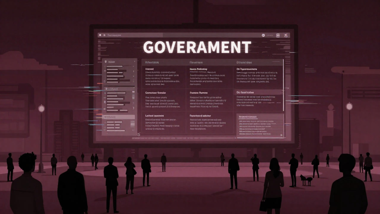 巨大スクリーンに映る電子政府ポータルを前に、混乱した表情の市民が集う様子