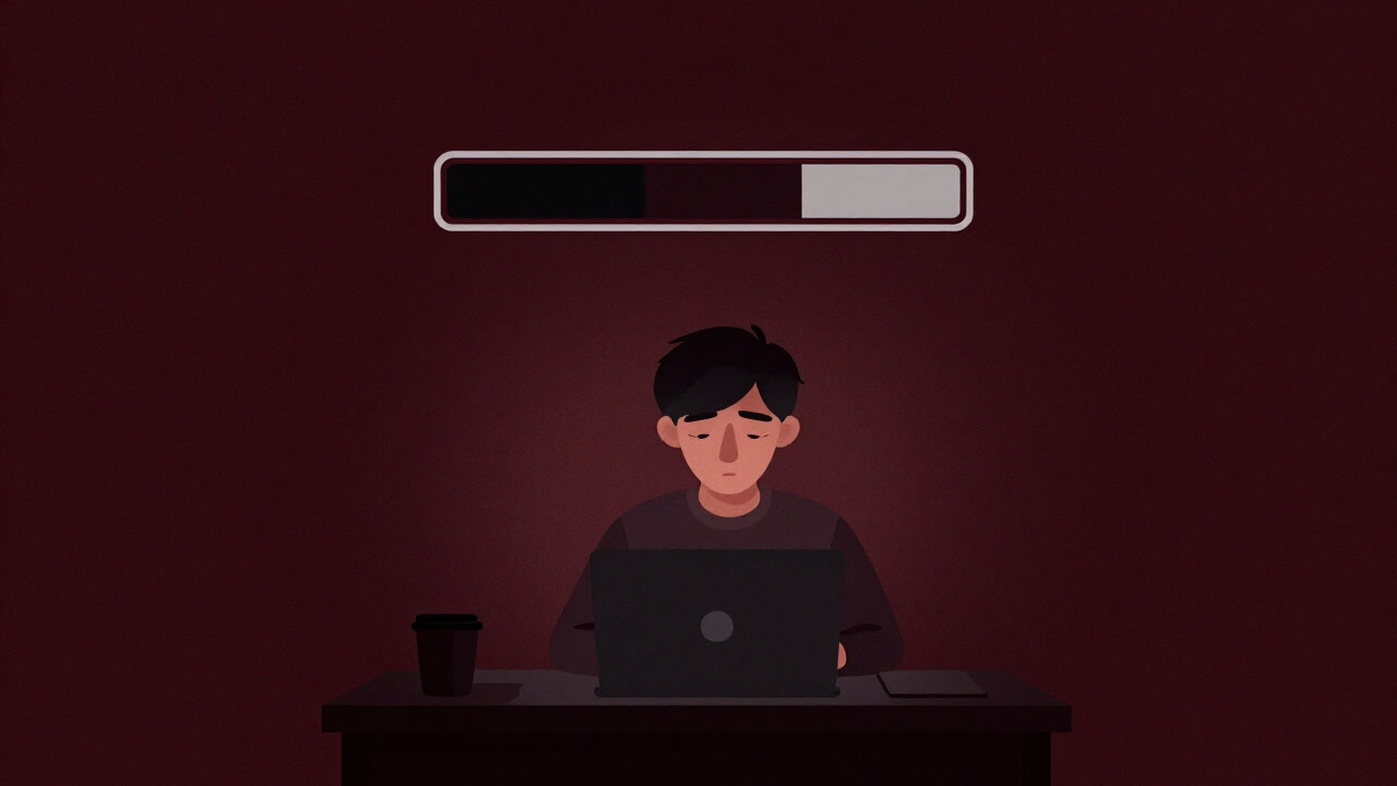 Silhouette of a learner exhausted at midnight staring at a progress bar on a laptop screen