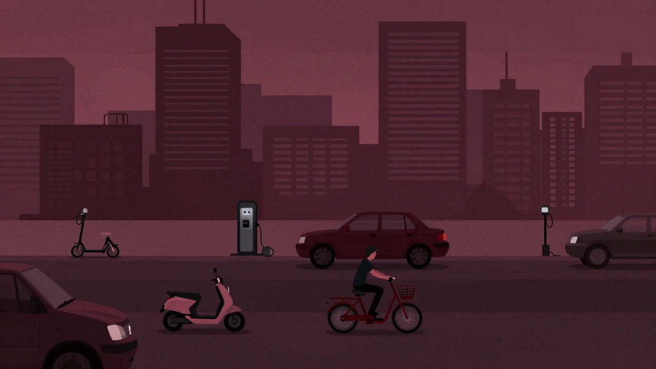 A dusk urban scene with various e-mobility vehicles wandering in search of charging stations.