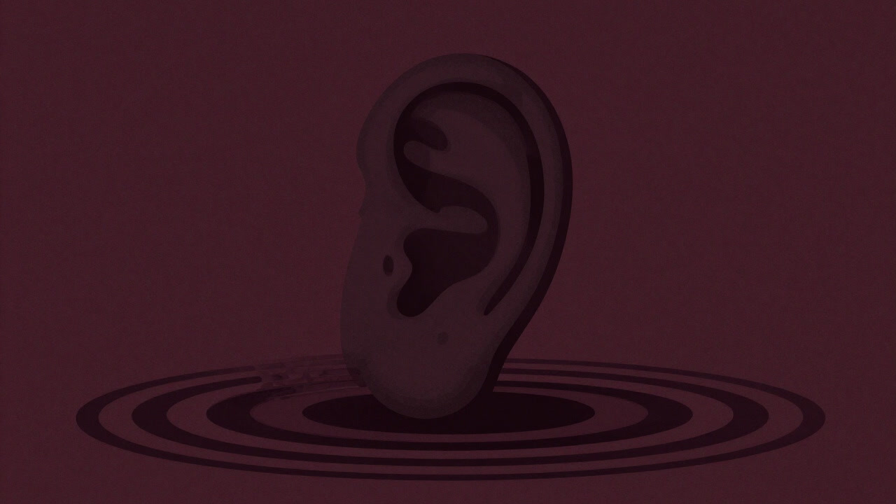 Silhouette of an ear floating in darkness, surrounded by ripples of whispering voices.
