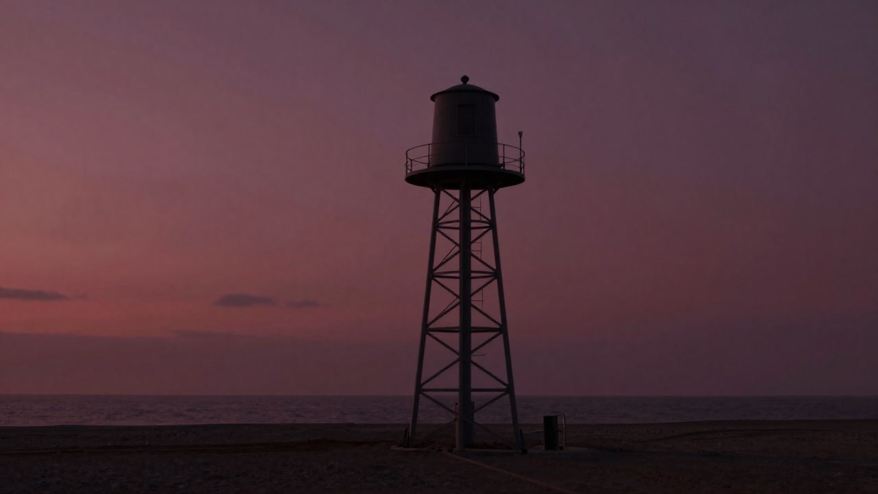 A giant siren tower stands ominously on a coastline before dawn in eerie silence
