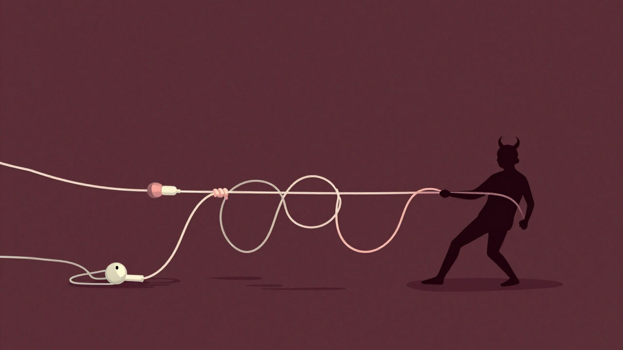 カバンから覗くイヤホンケーブルがまるで自分を引き込む縄のように見えるイラスト