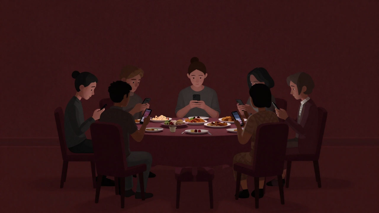 長いテーブルを囲んで無言でスマホを見つめる人々のイラスト