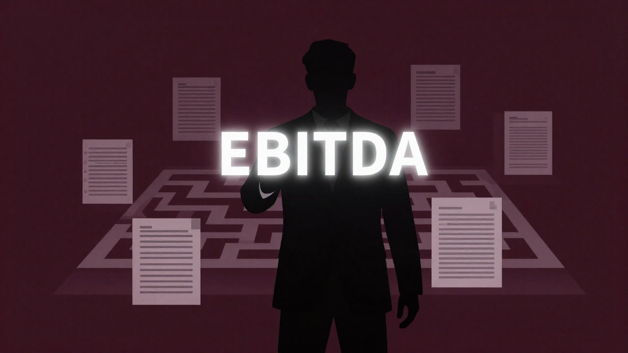 Silhouette of a businessperson holding up the phantom EBITDA number against a backdrop of a labyrinthine ledger