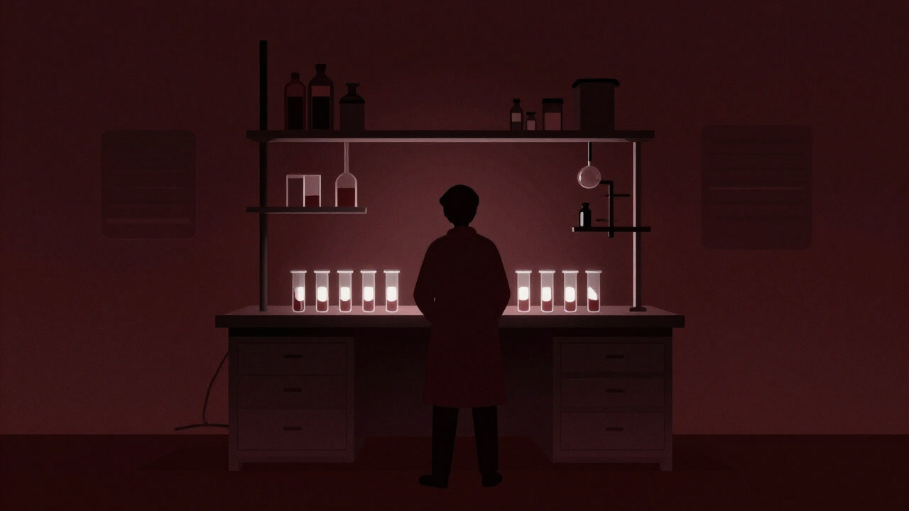 暗闇の研究室で血液サンプルを前に立ち尽くす研究者のシルエット