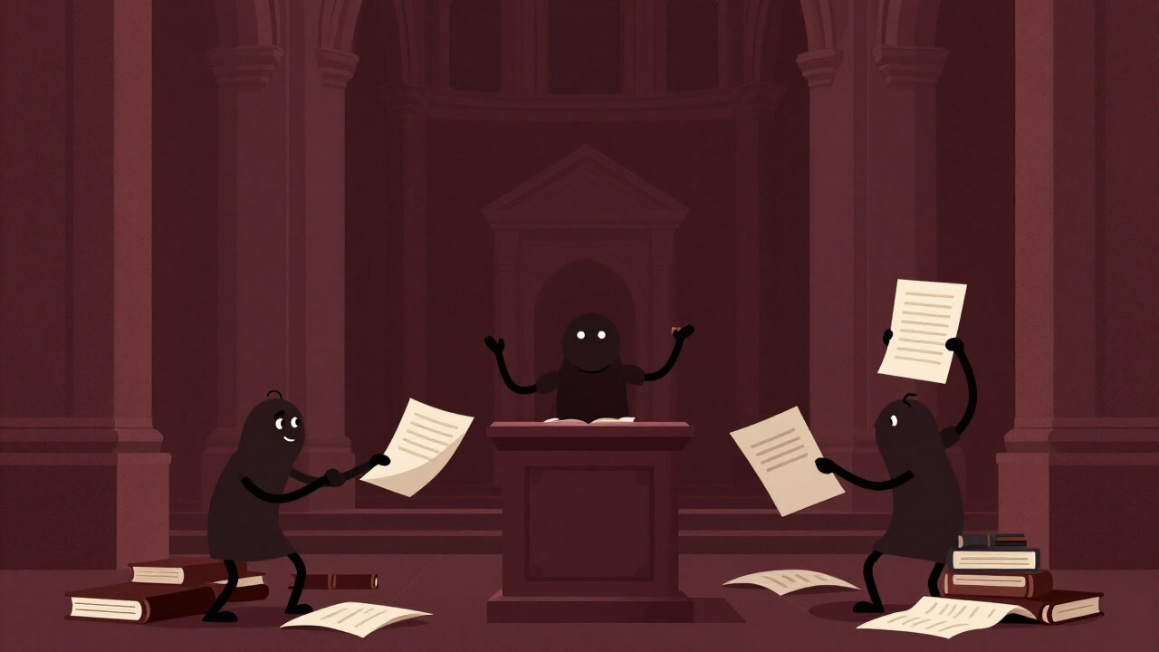 A satirical illustration inside a grand cathedral where books and documents surround the pulpit, engaging in heated debate.