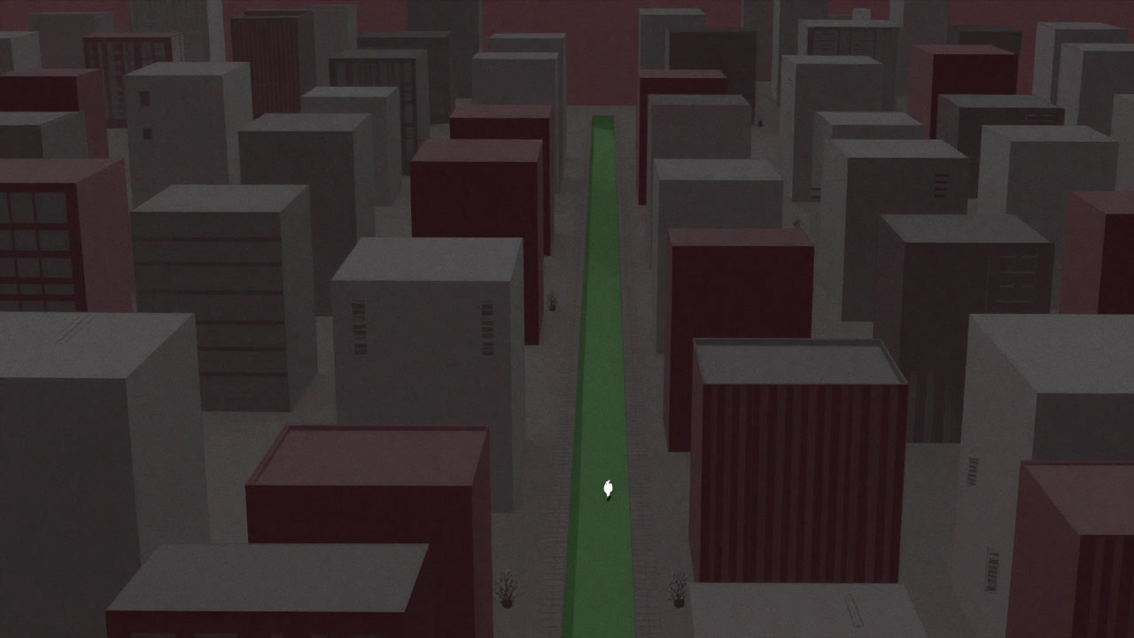 ビルの谷間を縫うように広がる細長い緑地帯を鳥瞰した画像