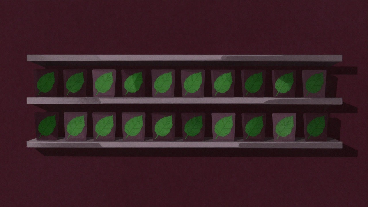 パッケージに大きな緑色の葉っぱマークが貼られた商品が並ぶ棚