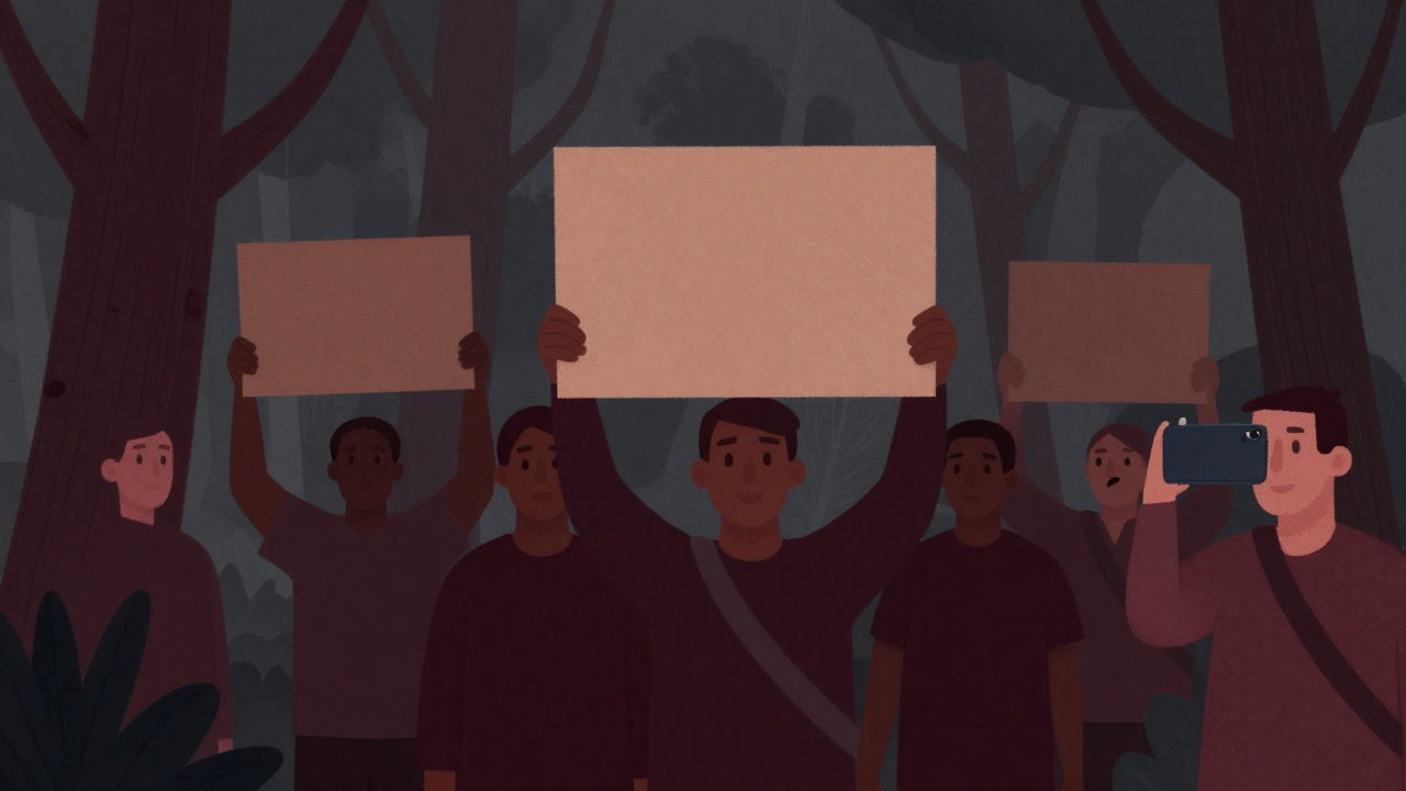 森の中でプラカードを掲げる人々と、スマホで自撮りする参加者が同居する風景