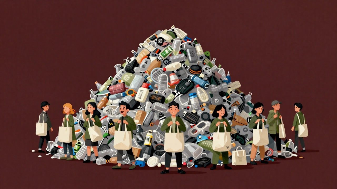 プラスチックの山の前でエコバッグを誇らしげに掲げる人々のイラスト